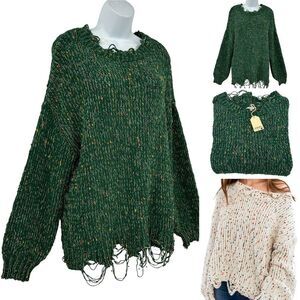 Jodifl Green Confetti Speckled Round Neckline Distressed Edge Pullover Sweater